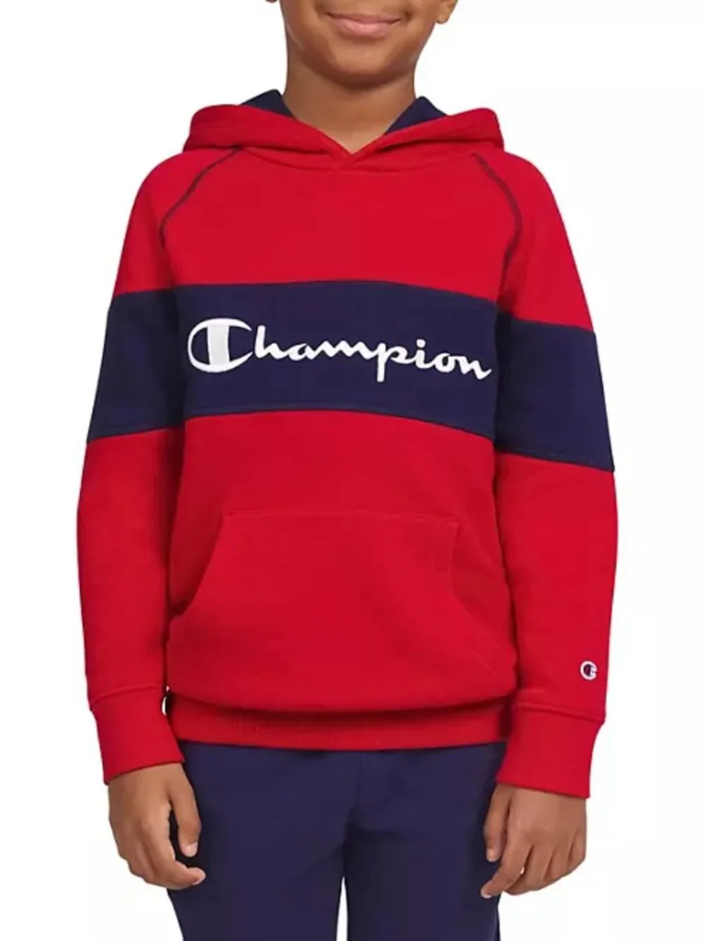 Champion Boy's Logo Kangaroo Pocket Fleece Pullover Hoodie Red Blue Size XS 4/5
